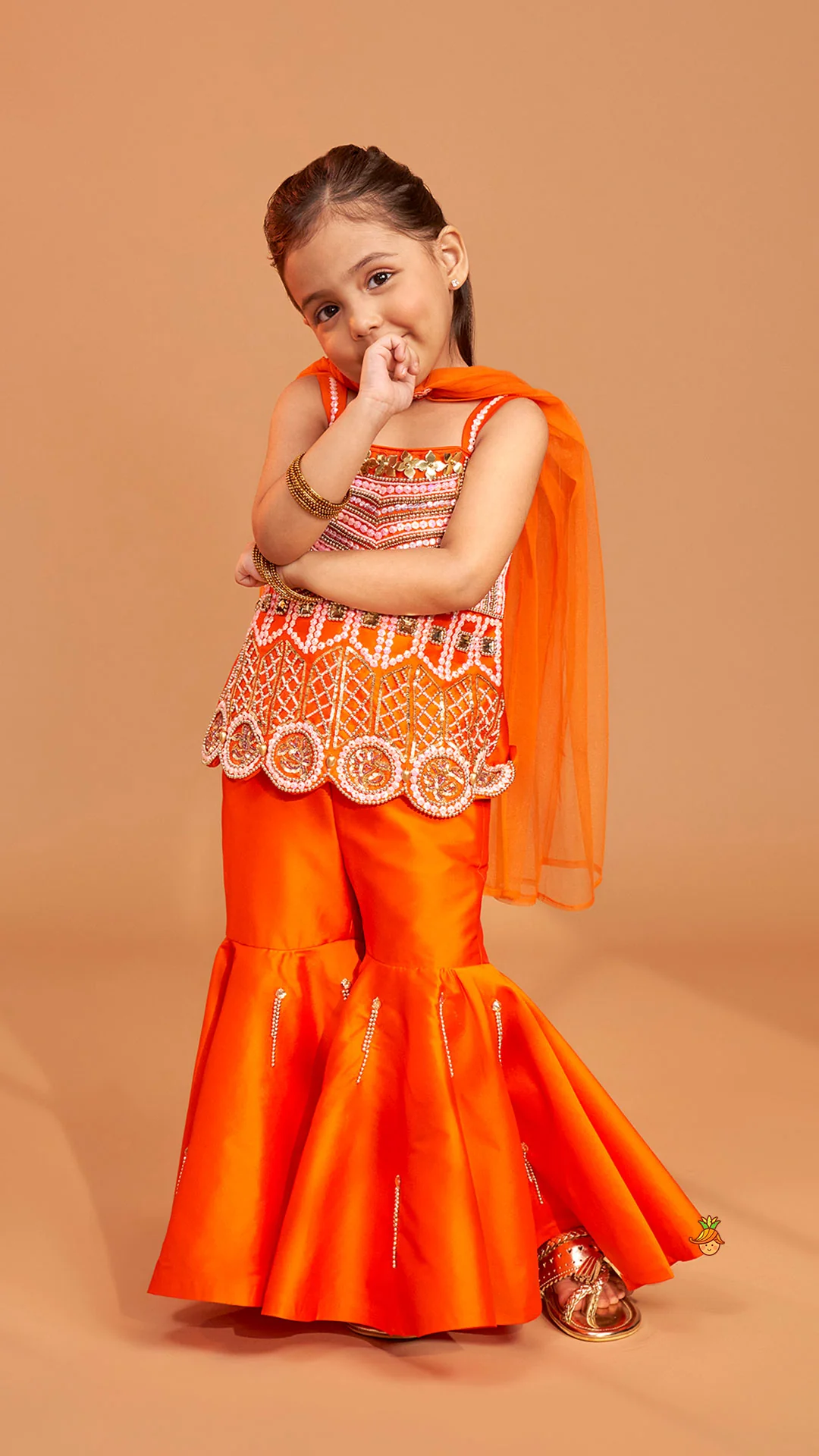 Exquisite Orange Kurti With Flared Sharara And Choker Dupatta - Image 4