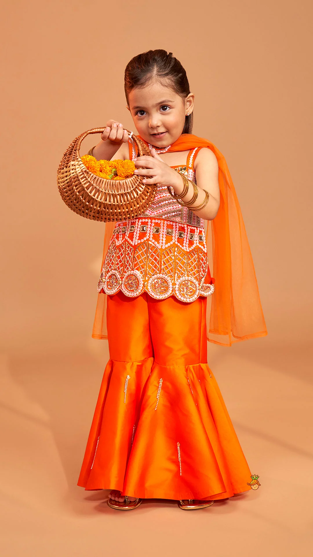 Exquisite Orange Kurti With Flared Sharara And Choker Dupatta - Image 5
