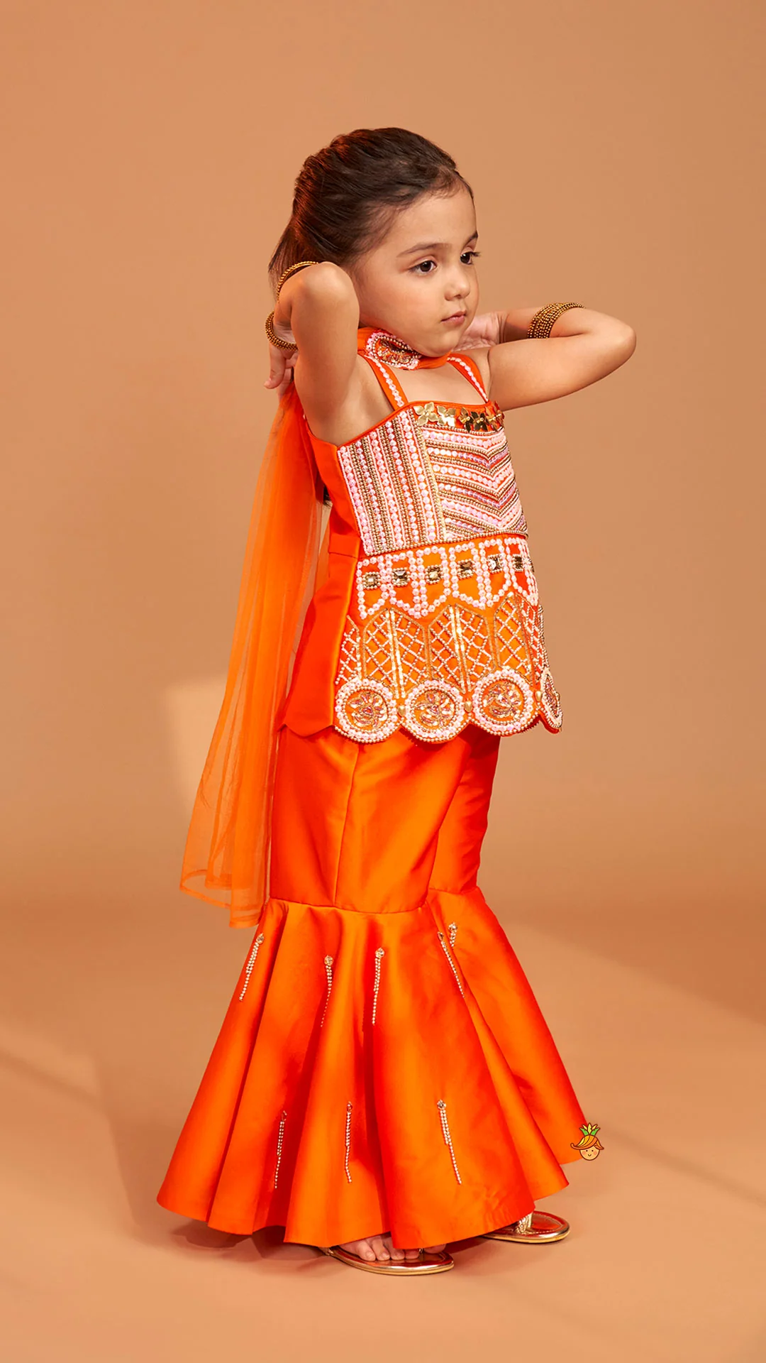 Exquisite Orange Kurti With Flared Sharara And Choker Dupatta - Image 6