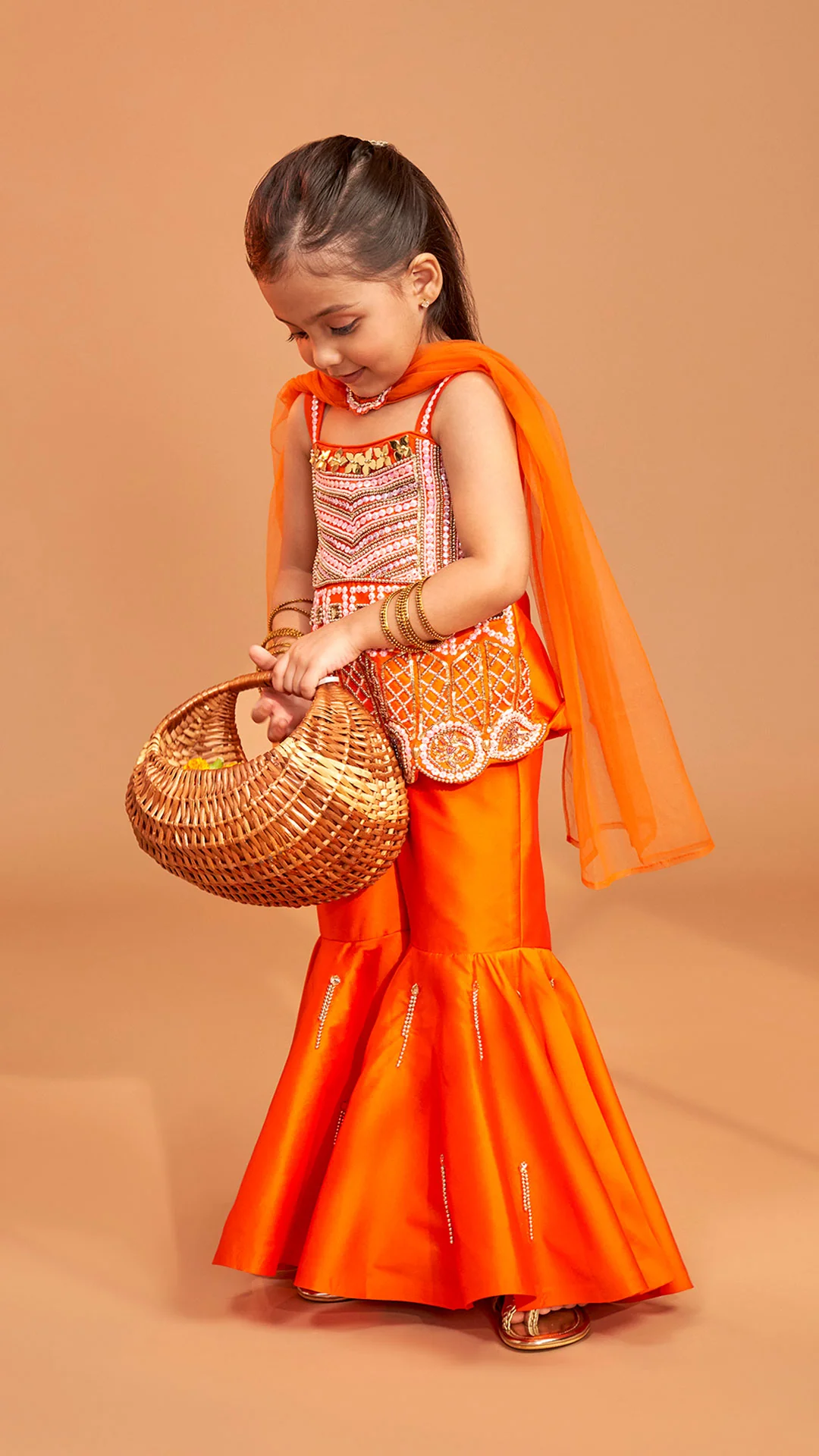 Exquisite Orange Kurti With Flared Sharara And Choker Dupatta - Image 7