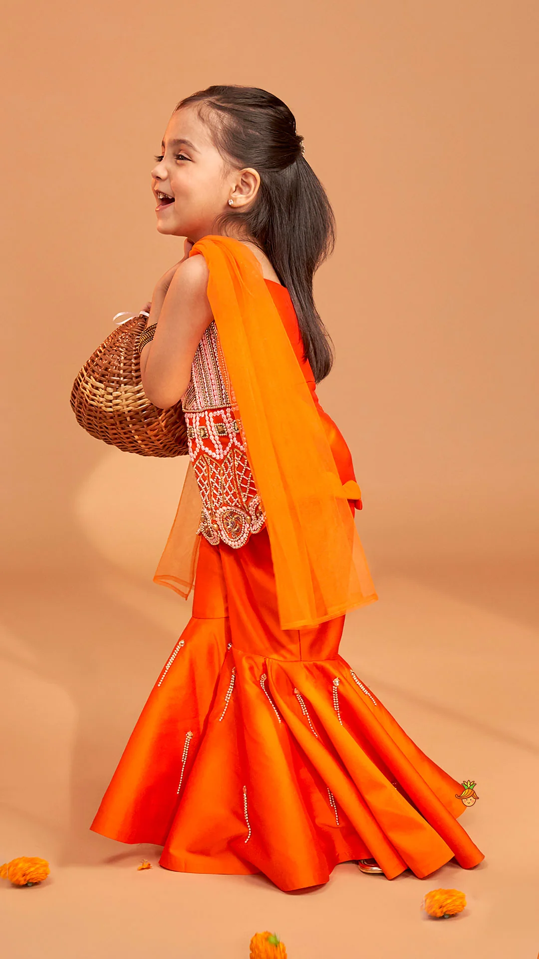 Exquisite Orange Kurti With Flared Sharara And Choker Dupatta - Image 8