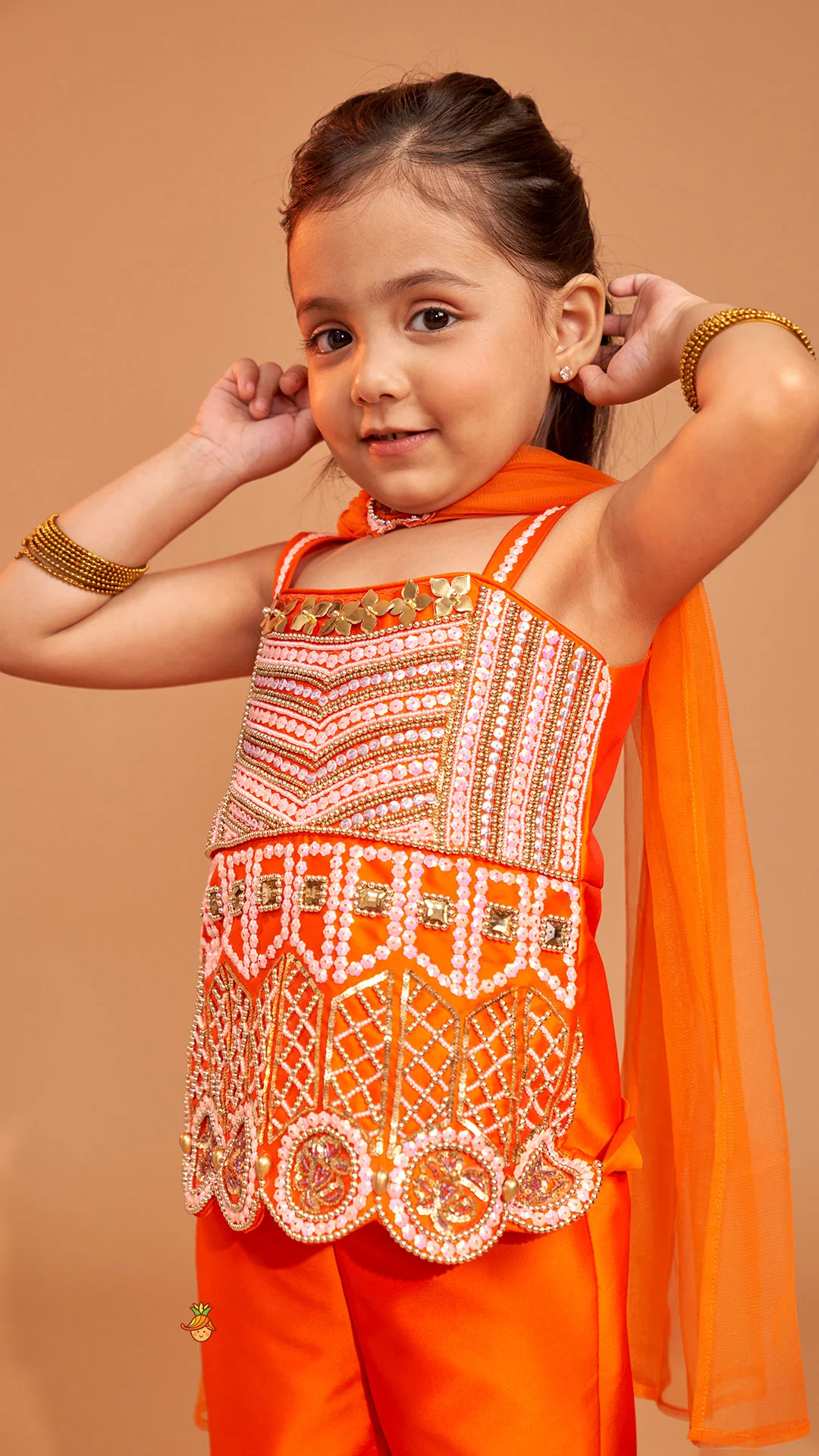 Exquisite Orange Kurti With Flared Sharara And Choker Dupatta - Image 9