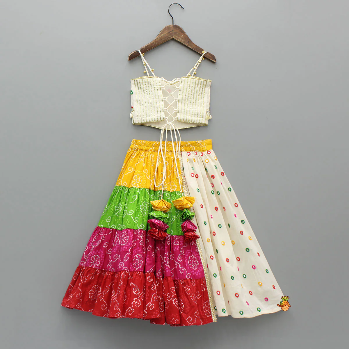 Exquisite Strappy Embellished Top With Multicolour Bandhani Printed Lehenga And Dupatta - Image 2