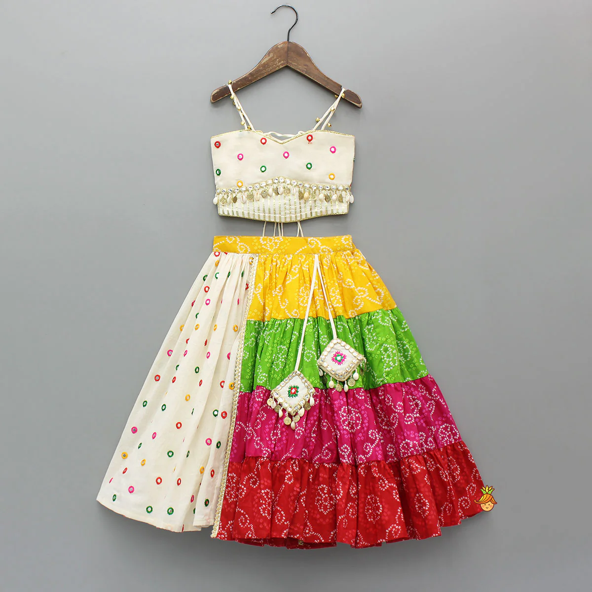 Exquisite Strappy Embellished Top With Multicolour Bandhani Printed Lehenga And Dupatta - Image 3
