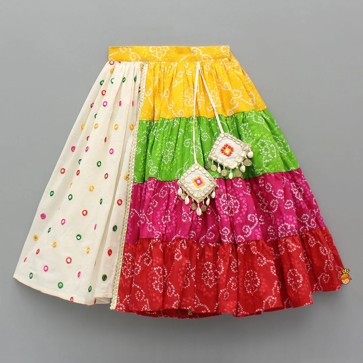Exquisite Strappy Embellished Top With Multicolour Bandhani Printed Lehenga And Dupatta - Image 5