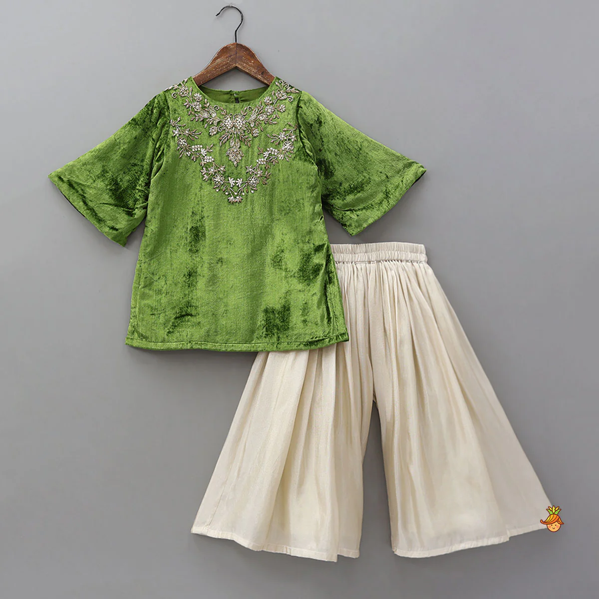 Exquisite Velvet Hand Embroidered Kurti With Shimmery Palazzo And Dupatta - Image 3