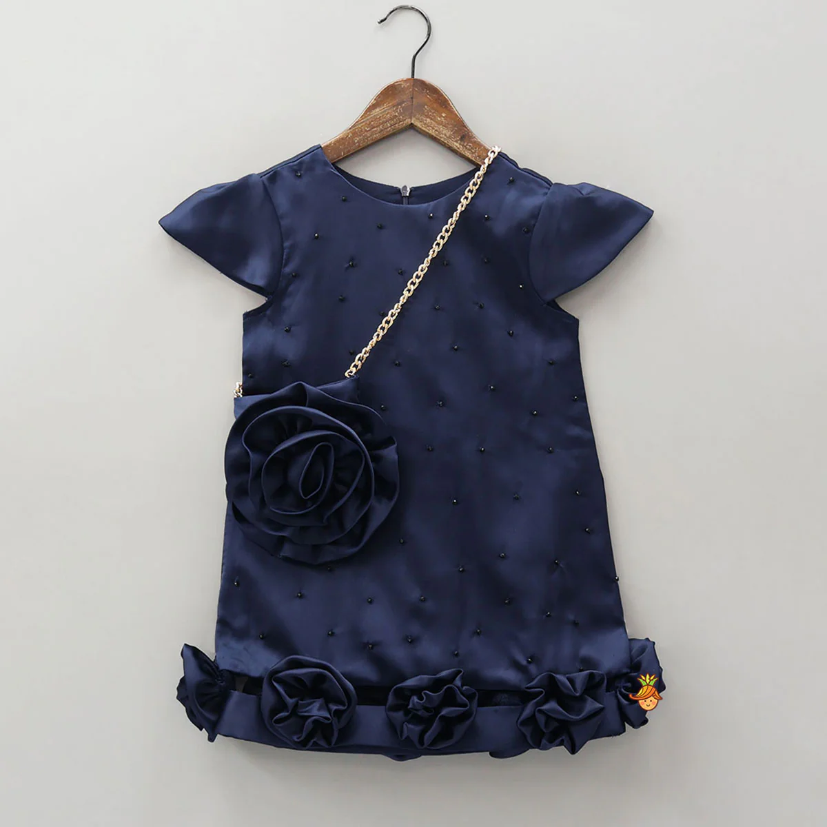 Fabric Roses Adorned Dress With Chain Sling Bag