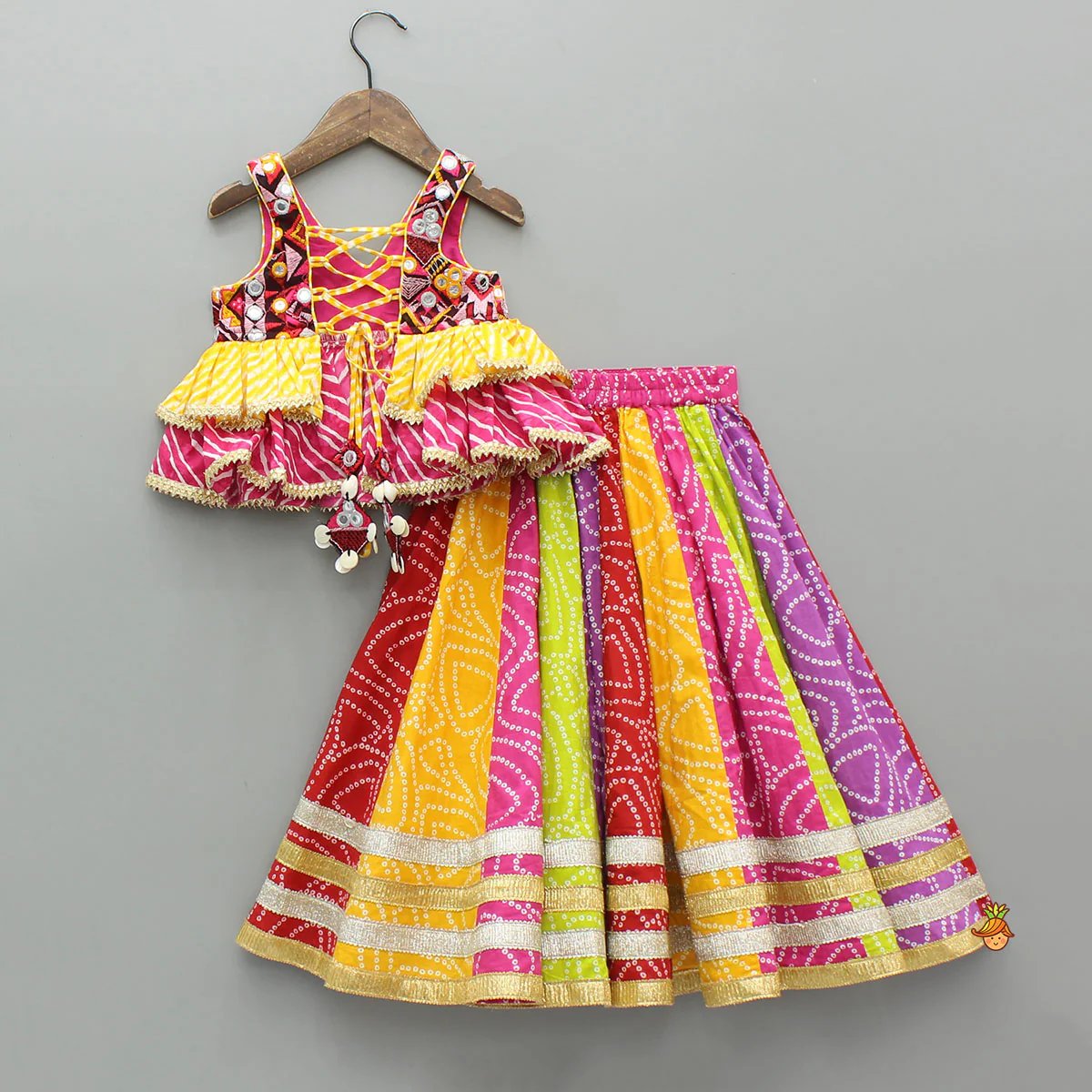 Faux Mirror Embroidered Colourful Tiered Top With Multicolour Bandhani Lehenga And Dupatta With Bandana - Image 2