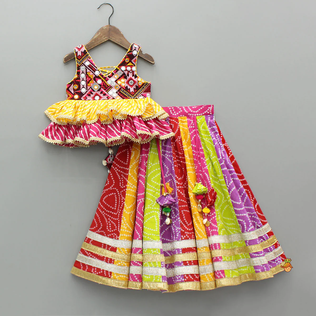 Faux Mirror Embroidered Colourful Tiered Top With Multicolour Bandhani Lehenga And Dupatta With Bandana - Image 3