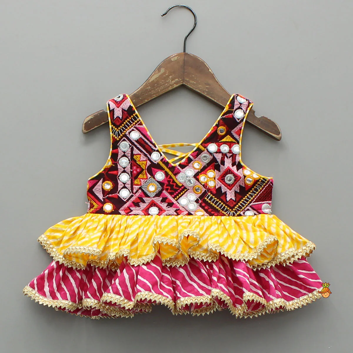 Faux Mirror Embroidered Colourful Tiered Top With Multicolour Bandhani Lehenga And Dupatta With Bandana - Image 4