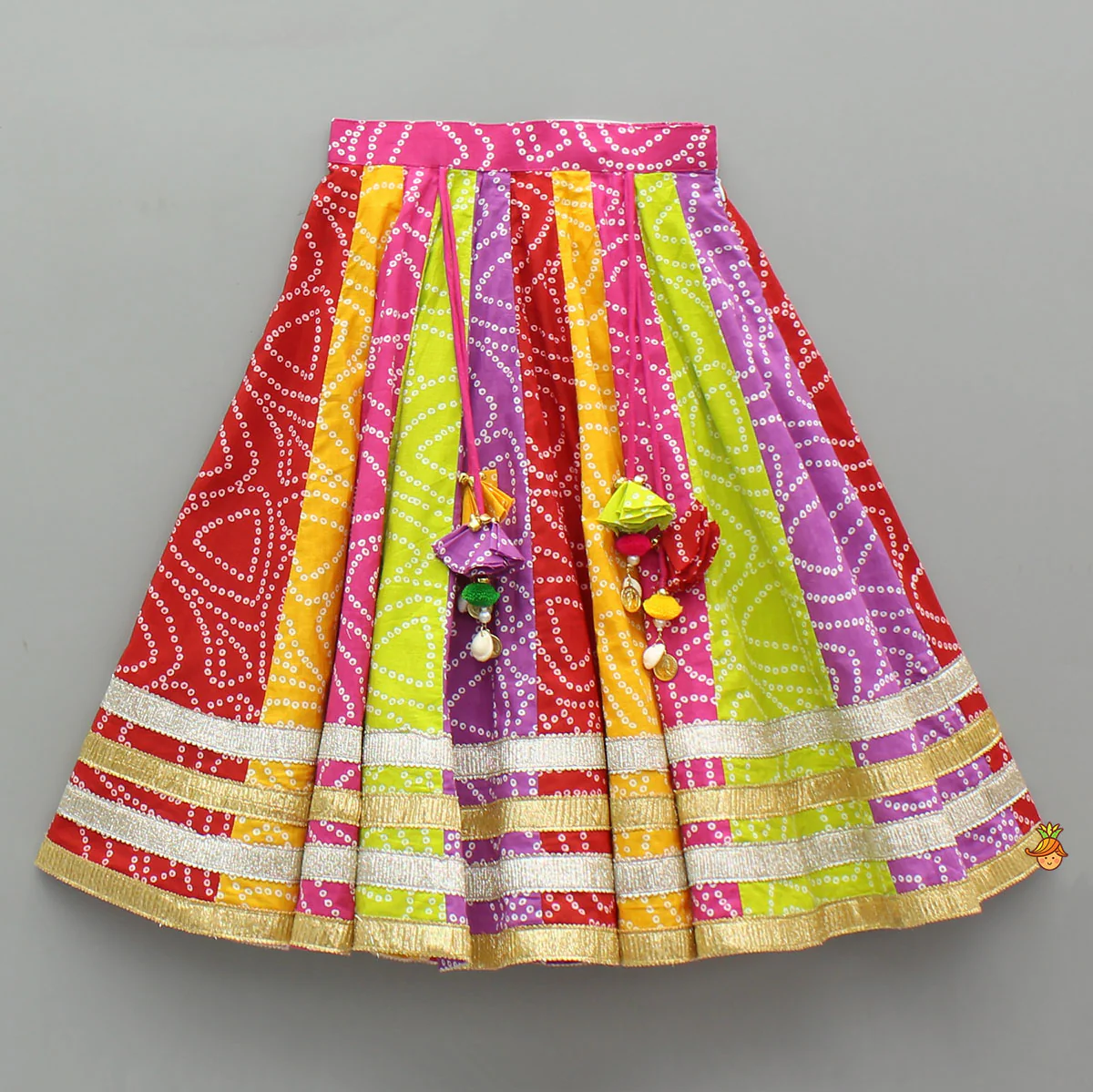 Faux Mirror Embroidered Colourful Tiered Top With Multicolour Bandhani Lehenga And Dupatta With Bandana - Image 5