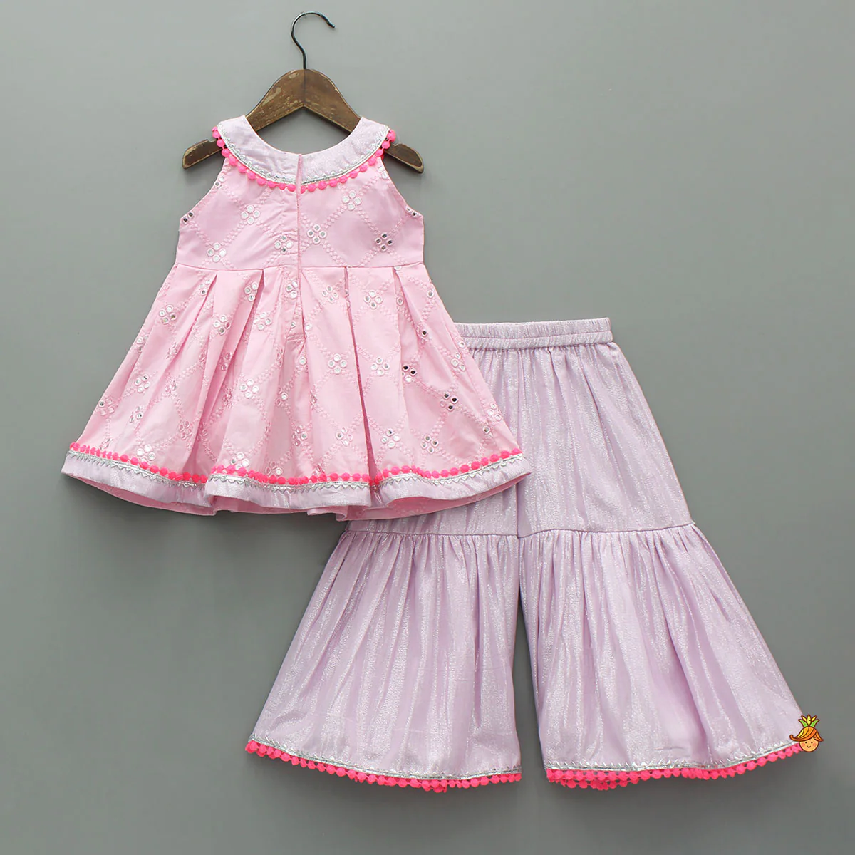 Faux Mirror Embroidered Pink Top With Shimmery Sharara - Image 2