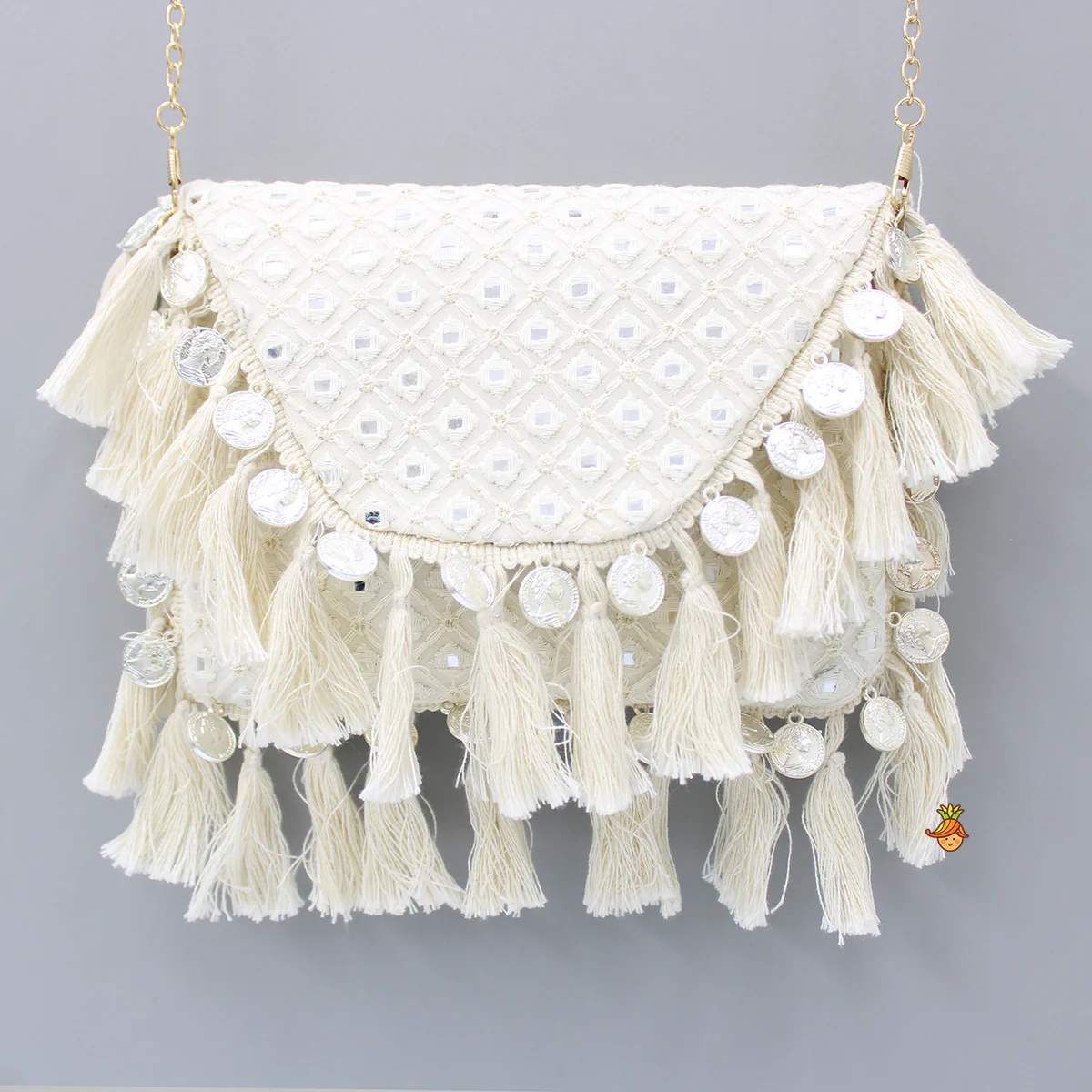 Faux Mirror Work Georgette Off White Sling Bag - Image 3