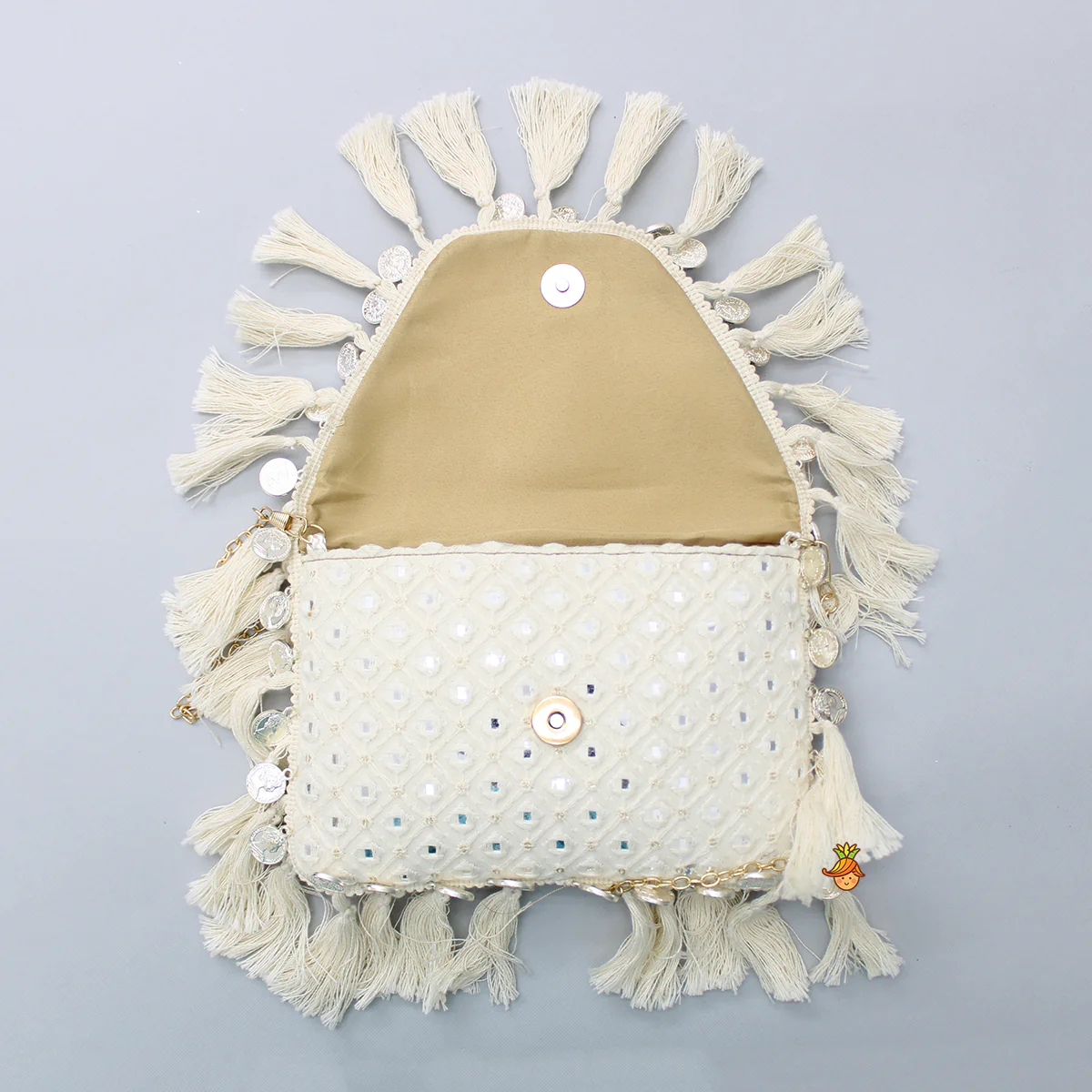 Faux Mirror Work Georgette Off White Sling Bag - Image 4