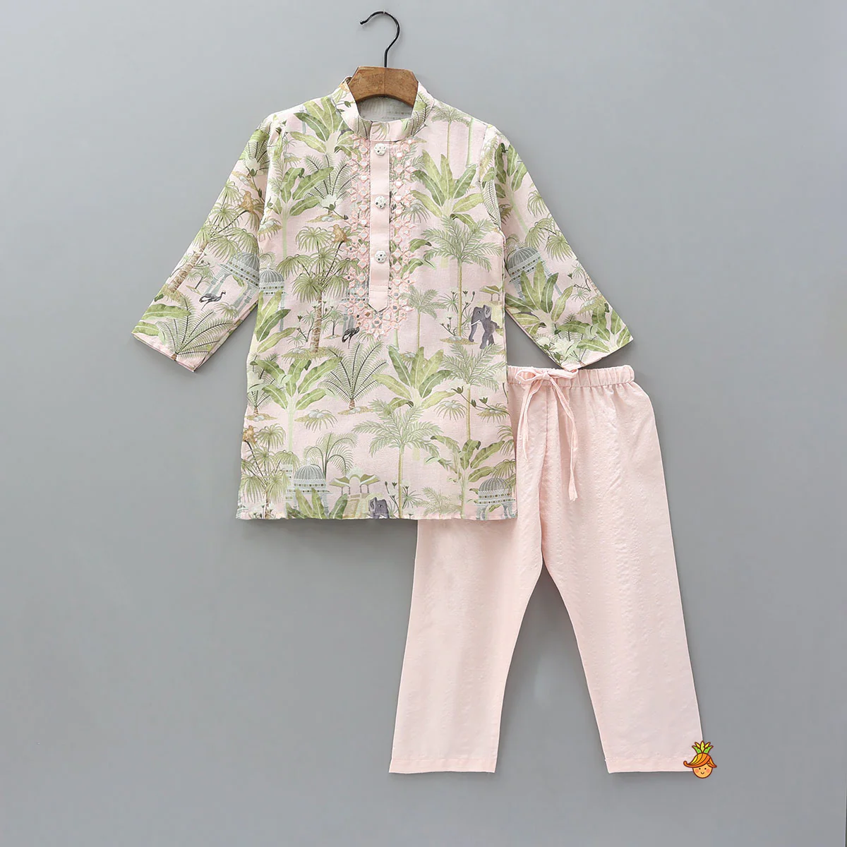 Faux Mirror Work Printed Kurta With Pyjama
