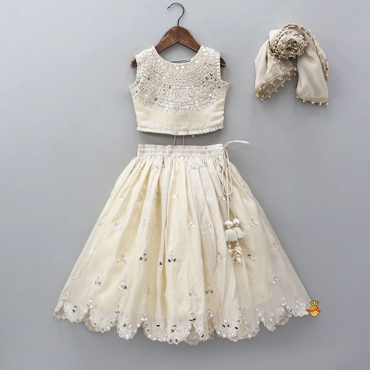 Faux Mirror Hand Work Shimmery Crop Top And Scalloped Lehenga With Matching Dupatta