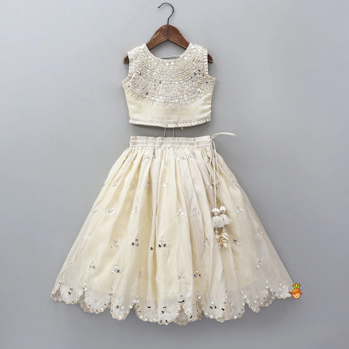 Faux Mirror Hand Work Shimmery Crop Top And Scalloped Lehenga With Matching Dupatta - Image 3