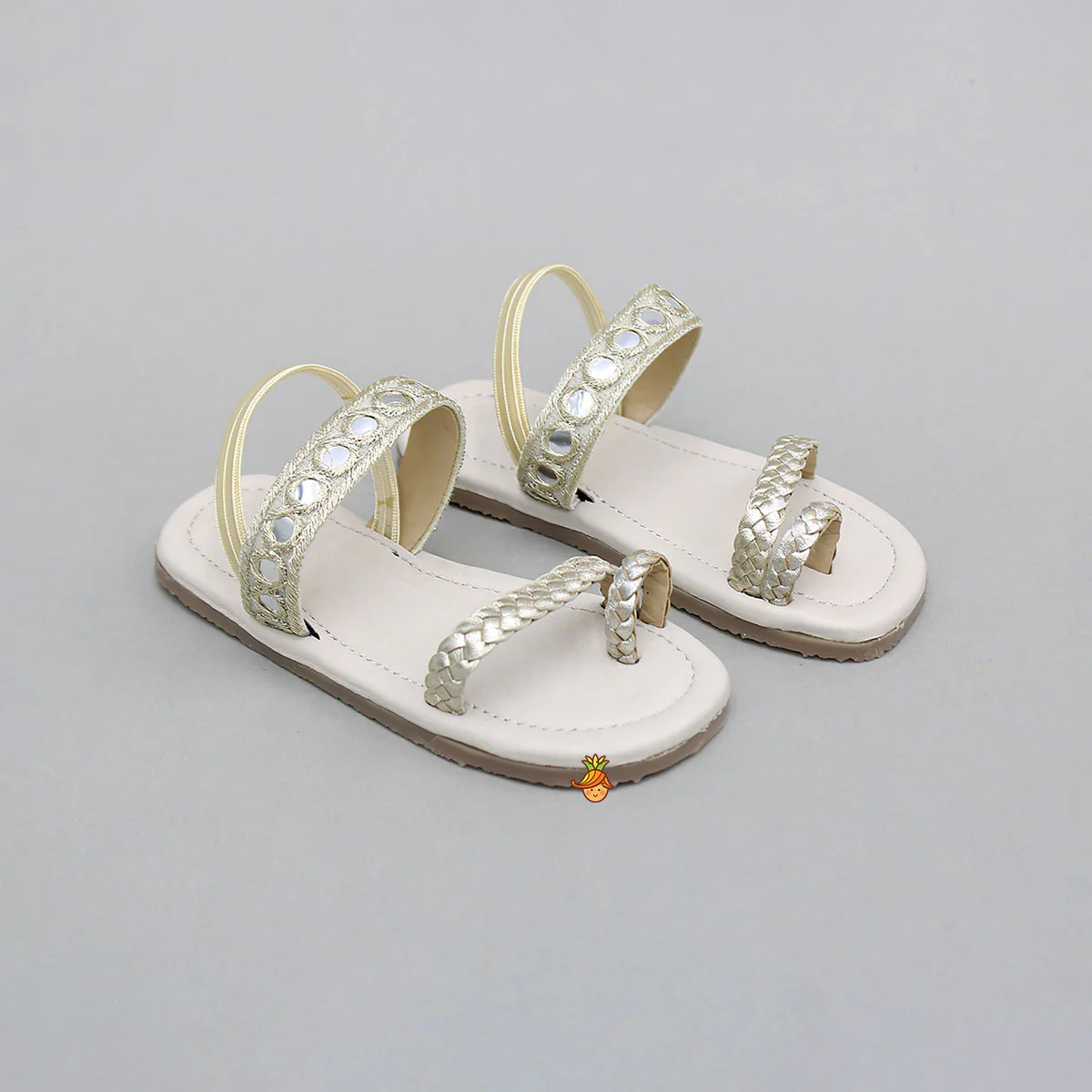 Faux Mirror Work With Braided Toe Ring Beige Base Kolhapuri Flats
