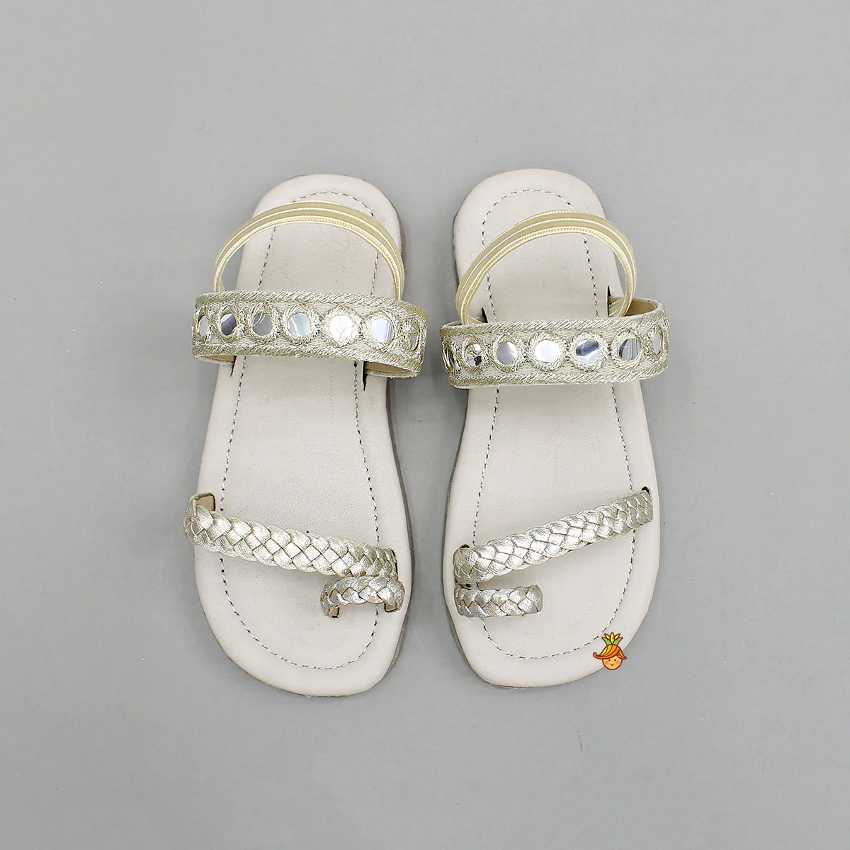 Faux Mirror Work With Braided Toe Ring Beige Base Kolhapuri Flats - Image 3