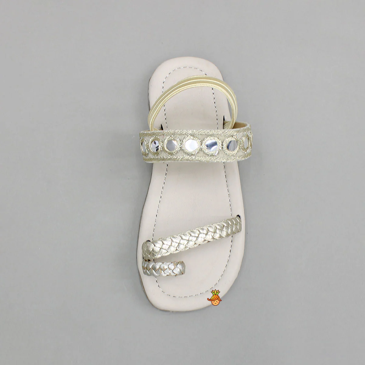 Faux Mirror Work With Braided Toe Ring Beige Base Kolhapuri Flats - Image 4