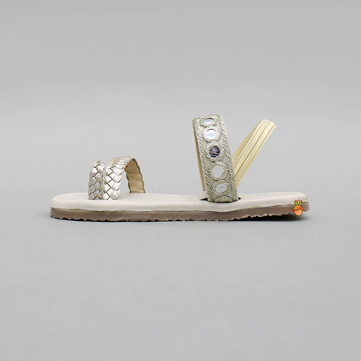 Faux Mirror Work With Braided Toe Ring Beige Base Kolhapuri Flats - Image 5