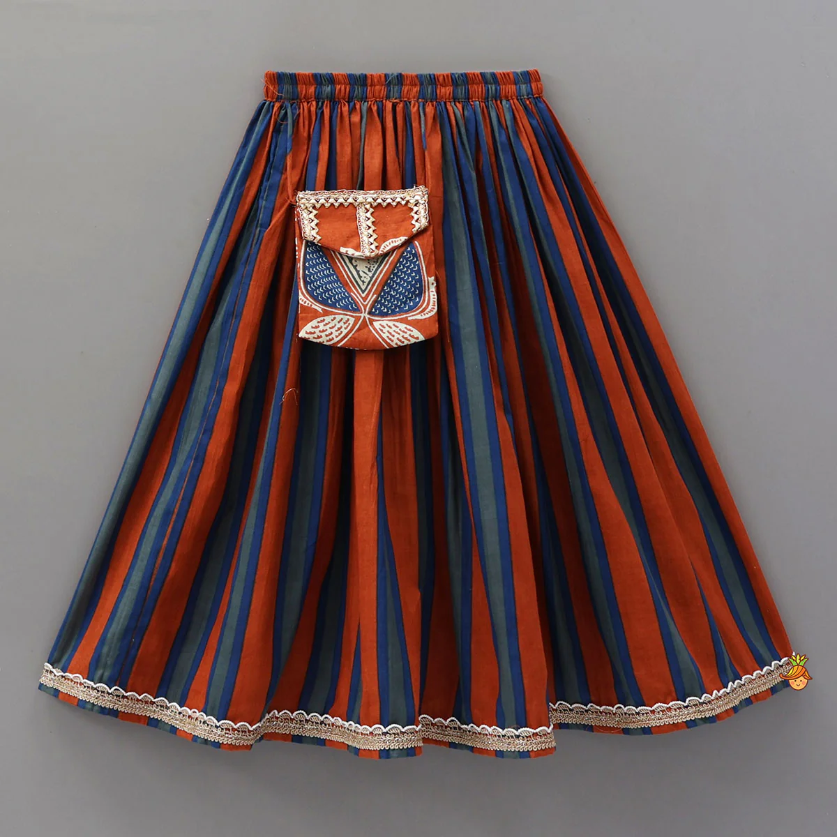 Faux Pocket Printed Top And Striped Lehenga - Image 4