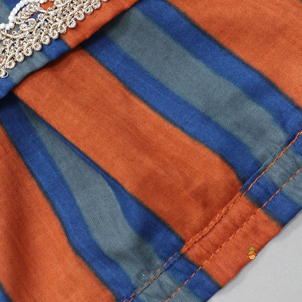 Faux Pocket Printed Top And Striped Lehenga - Image 6