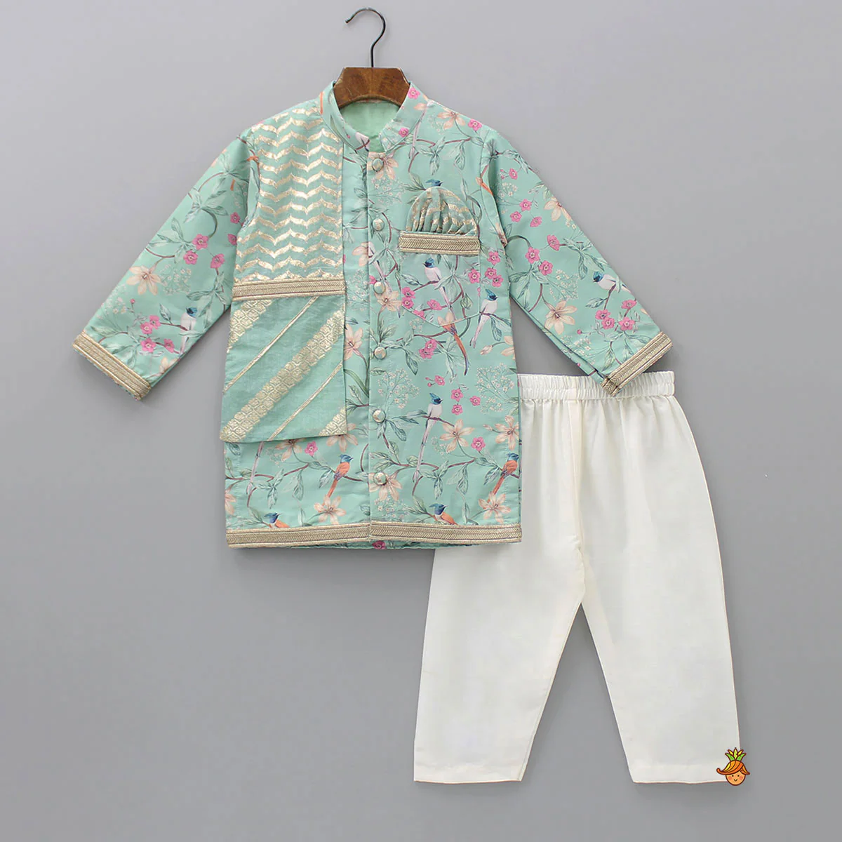 Flap Green Ethnic Kurta And Off White Pyjama