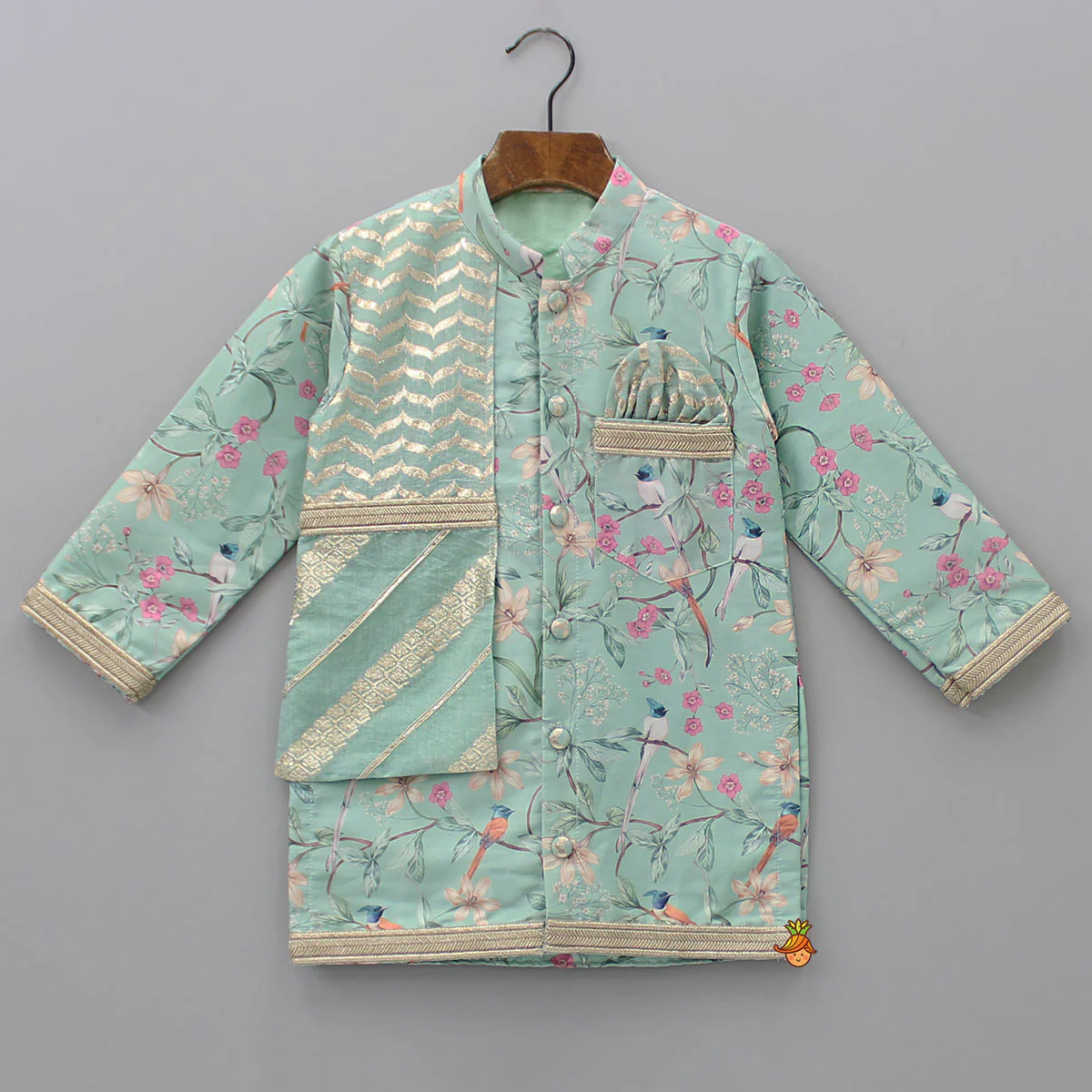 Flap Green Ethnic Kurta And Off White Pyjama - Image 3