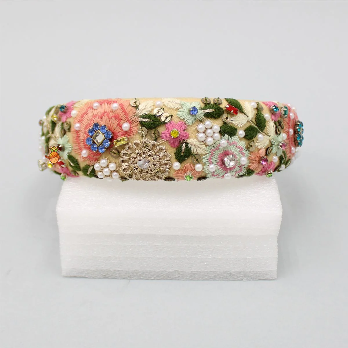 Flat Back Pearls And Colourful Stones Embellished Beige Hair Band - Image 2