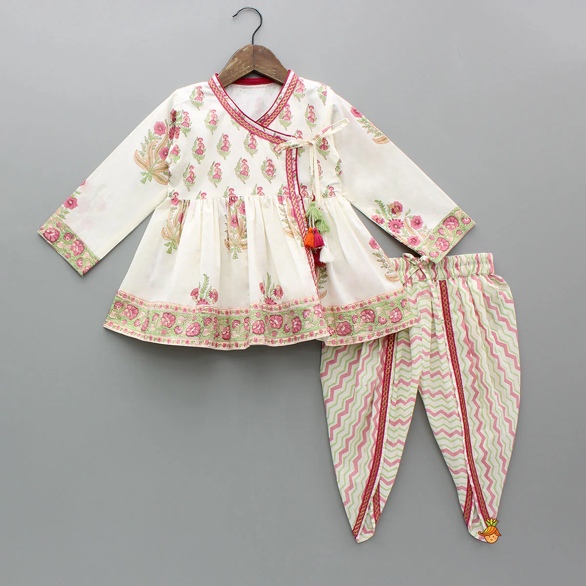 Floral Angarkha Kurti And Chevron Printed Tulip Pants