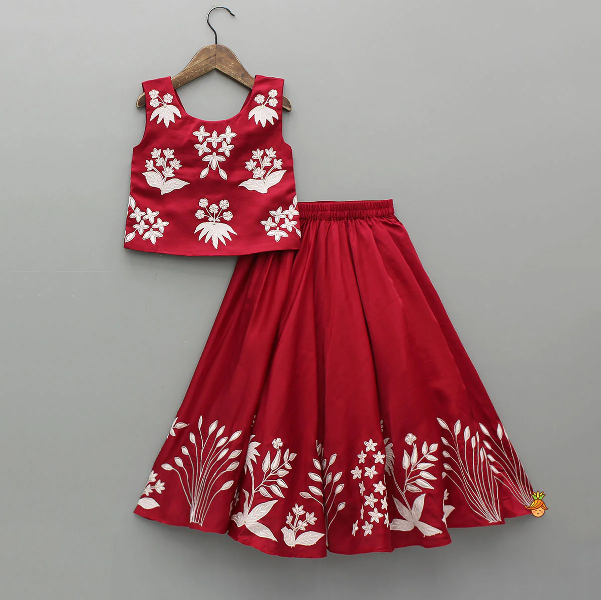 Floral Applique V-Neck Top And Lehenga With Stylish Dupatta - Image 2