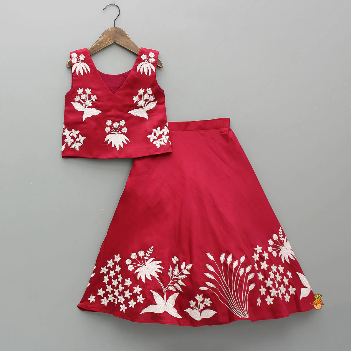 Floral Applique V-Neck Top And Lehenga With Stylish Dupatta - Image 3