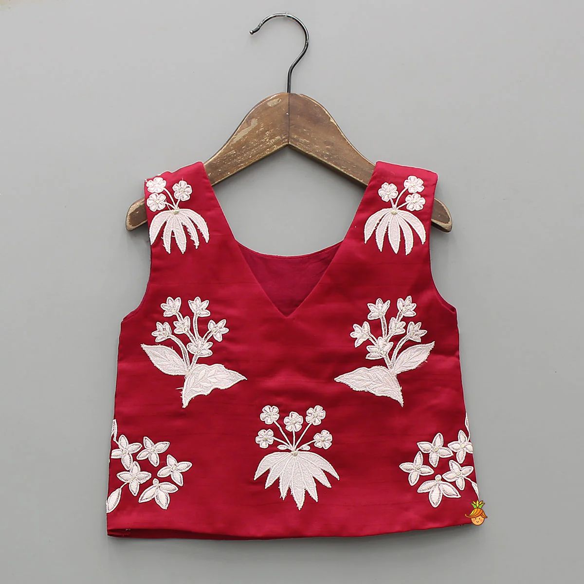 Floral Applique V-Neck Top And Lehenga With Stylish Dupatta - Image 4
