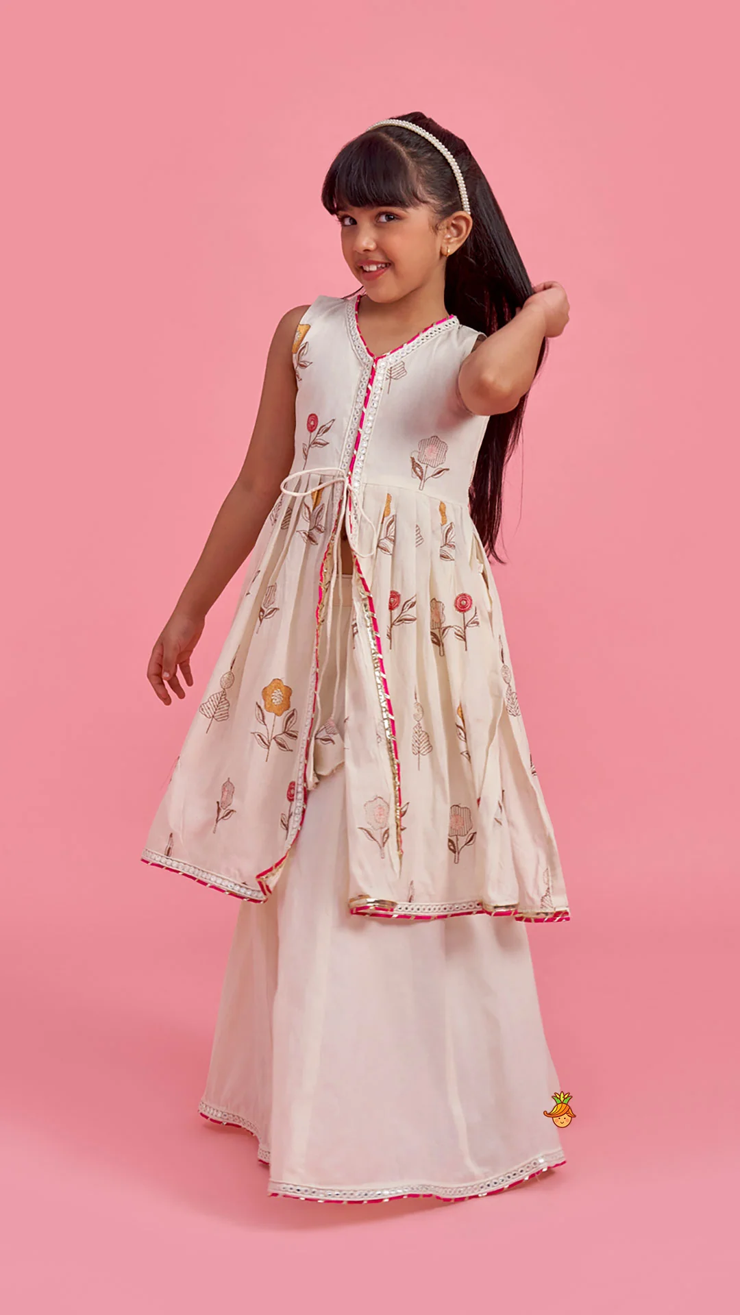 Floral Embroidered Front Open Tie Up Pleated Kurti With Lehenga - Image 4