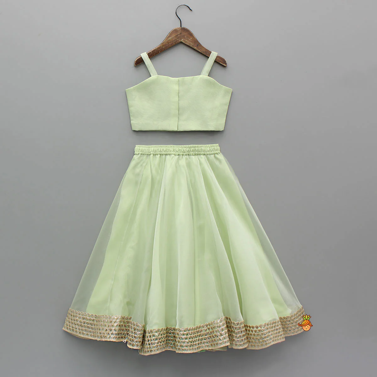 Floral Embroidered Green Sleeveless Top And Fabric Flower Tassels Adorned Lehenga With Ruffle Dupatta - Image 2