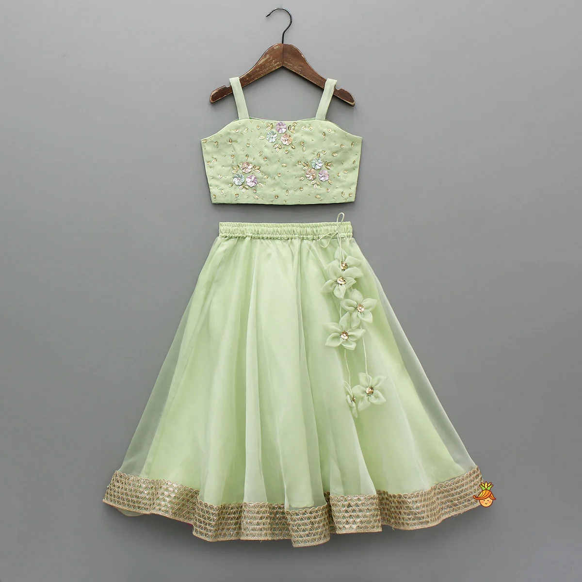 Floral Embroidered Green Sleeveless Top And Fabric Flower Tassels Adorned Lehenga With Ruffle Dupatta - Image 3