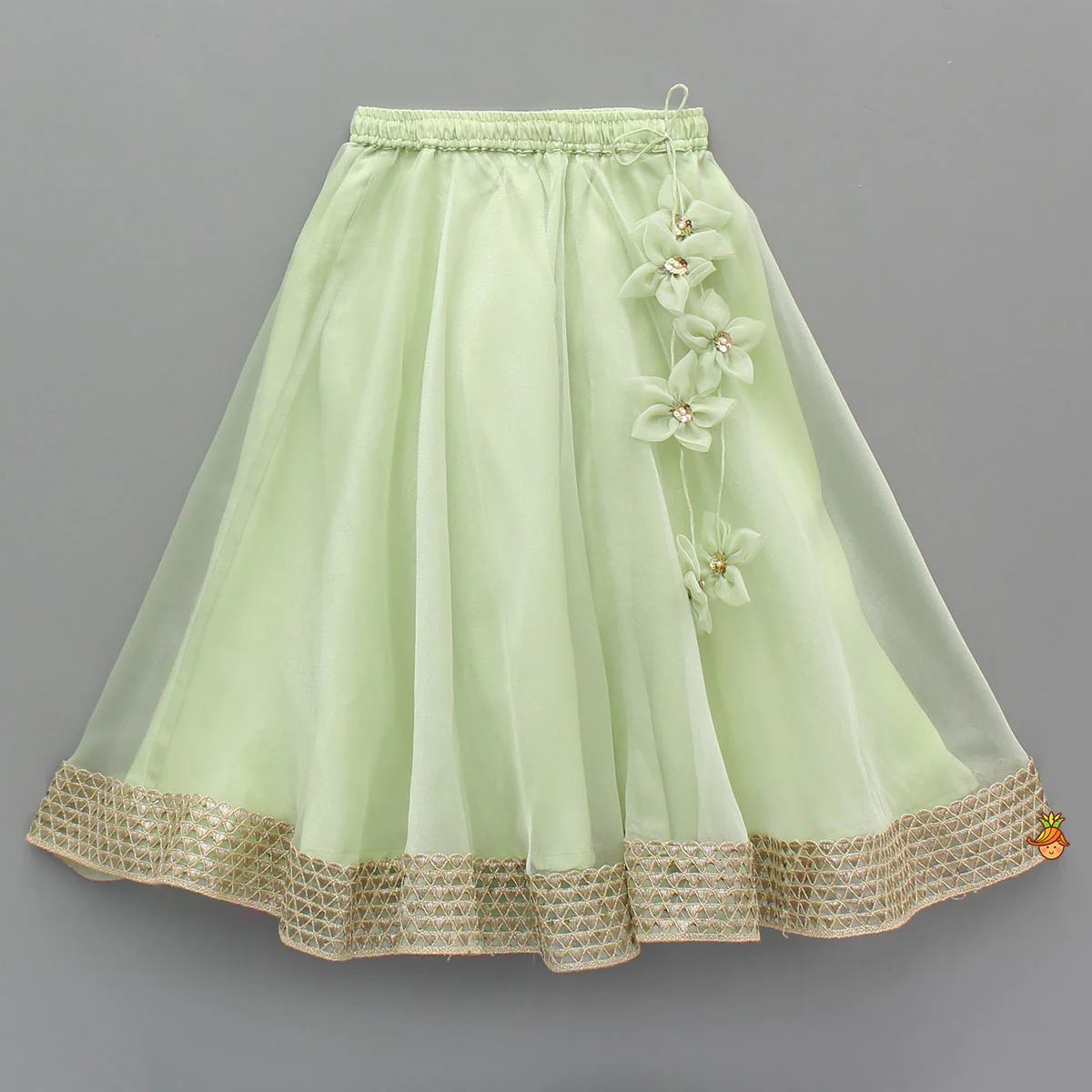 Floral Embroidered Green Sleeveless Top And Fabric Flower Tassels Adorned Lehenga With Ruffle Dupatta - Image 5