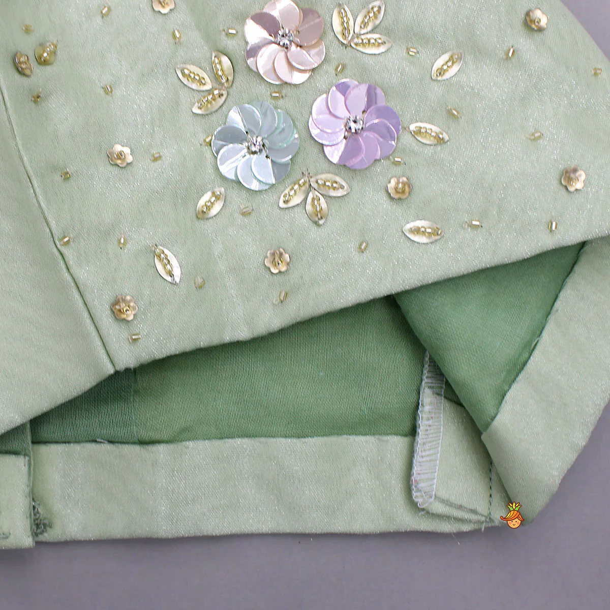 Floral Embroidered Green Sleeveless Top And Fabric Flower Tassels Adorned Lehenga With Ruffle Dupatta - Image 6