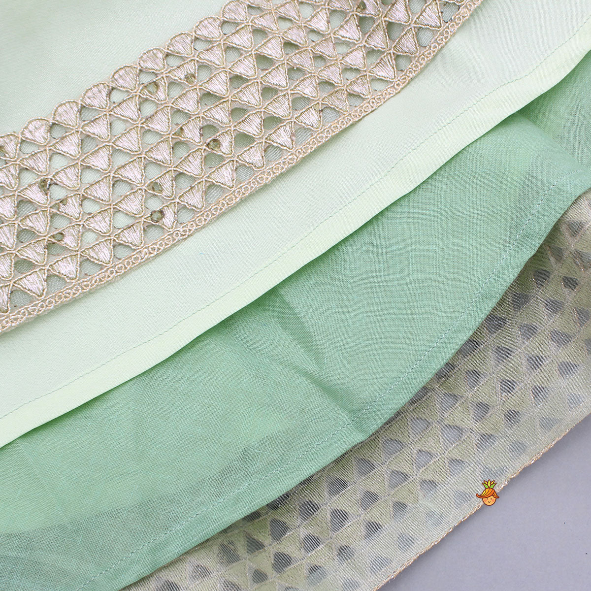 Floral Embroidered Green Sleeveless Top And Fabric Flower Tassels Adorned Lehenga With Ruffle Dupatta - Image 7