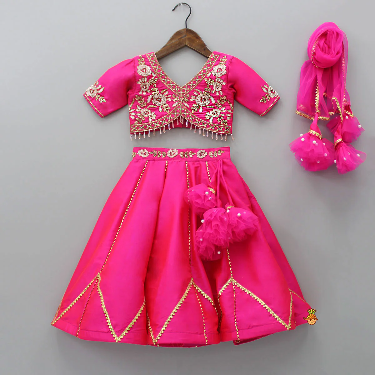 Floral Embroidered Pink Top And Lehenga With Matching Net Dupatta