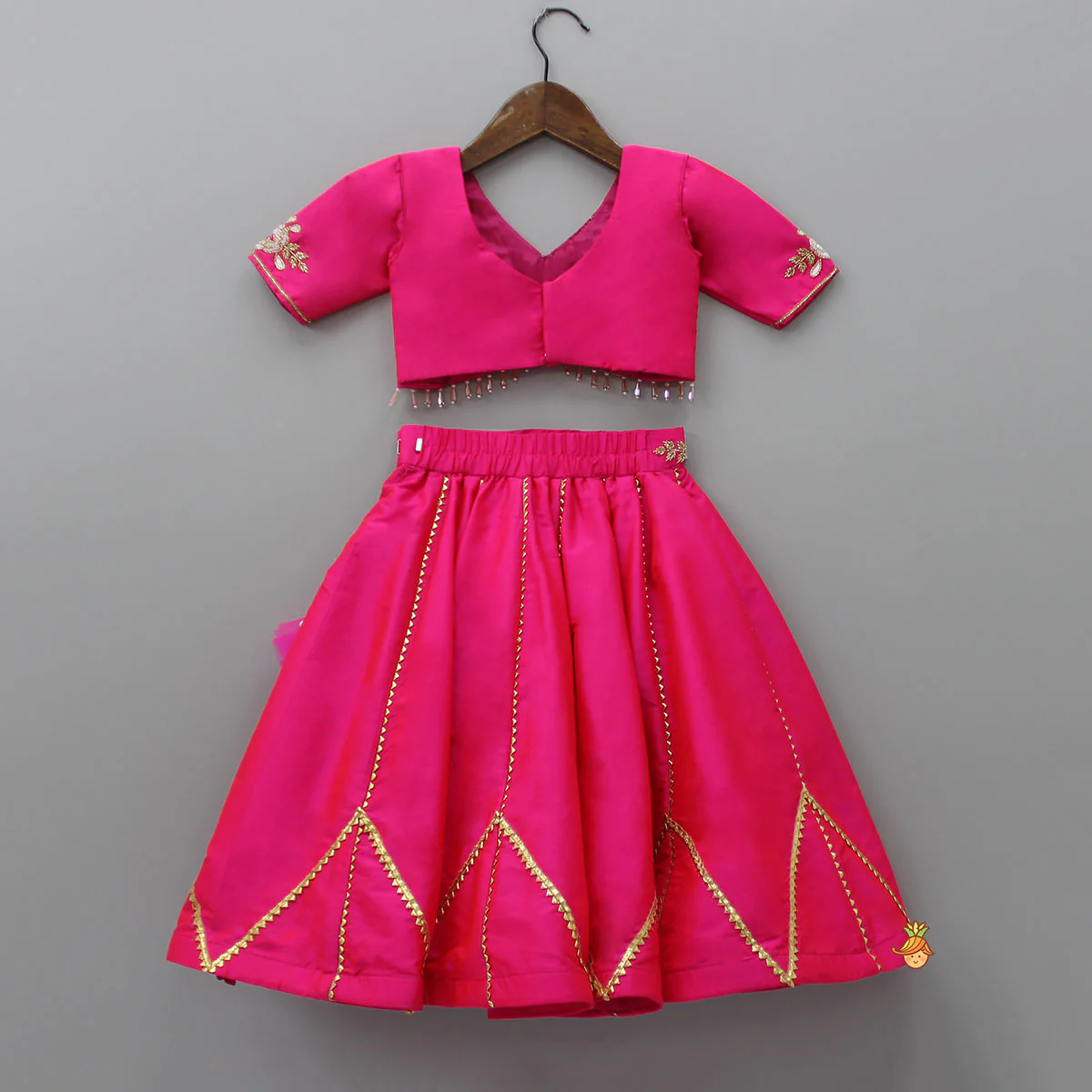 Floral Embroidered Pink Top And Lehenga With Matching Net Dupatta - Image 2