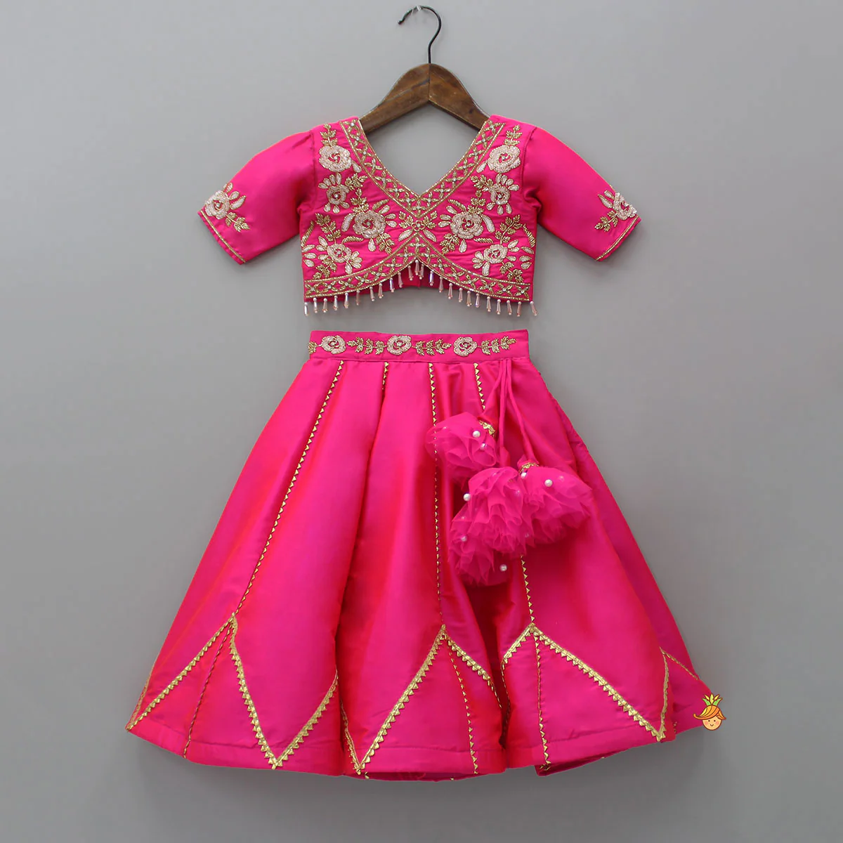Floral Embroidered Pink Top And Lehenga With Matching Net Dupatta - Image 3