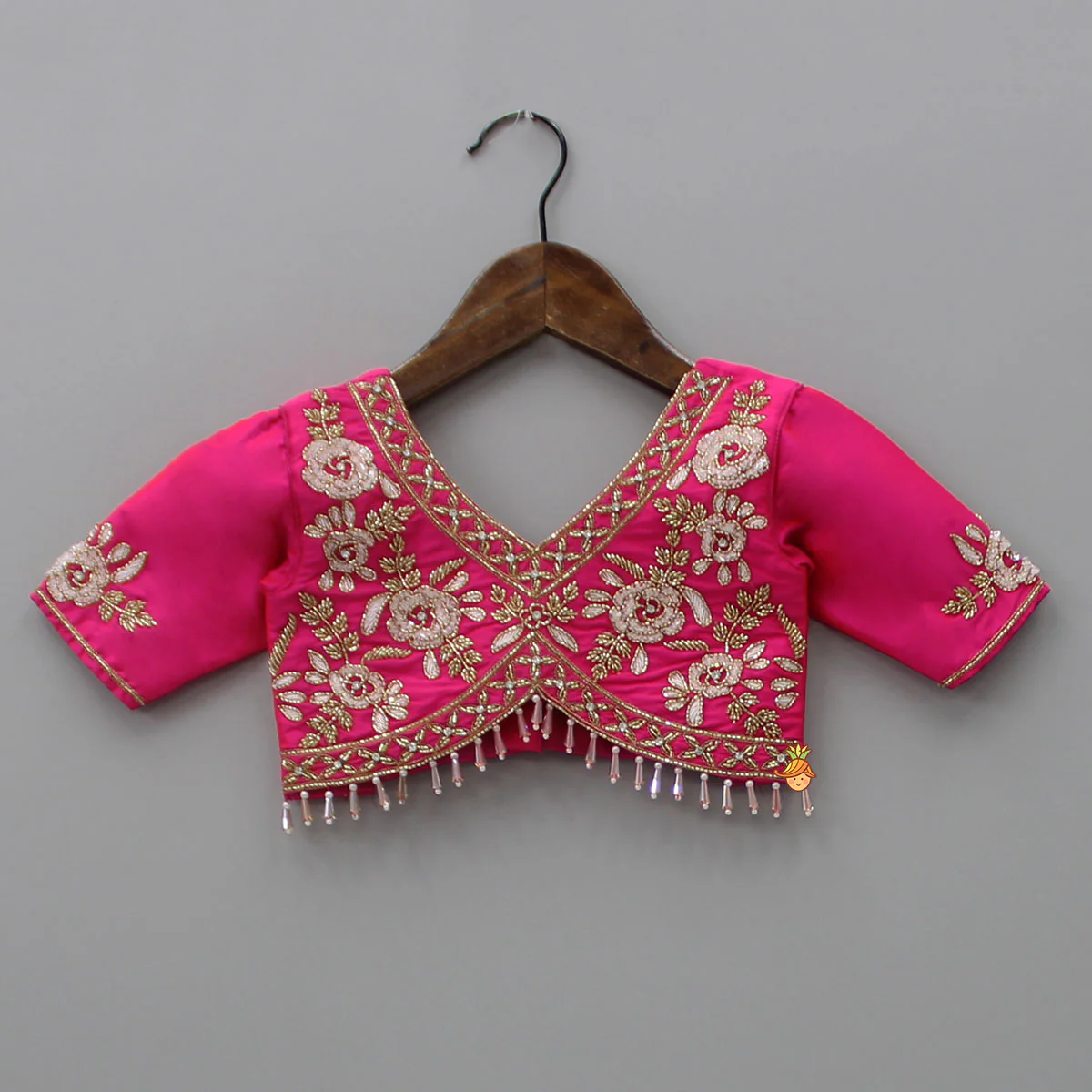 Floral Embroidered Pink Top And Lehenga With Matching Net Dupatta - Image 4