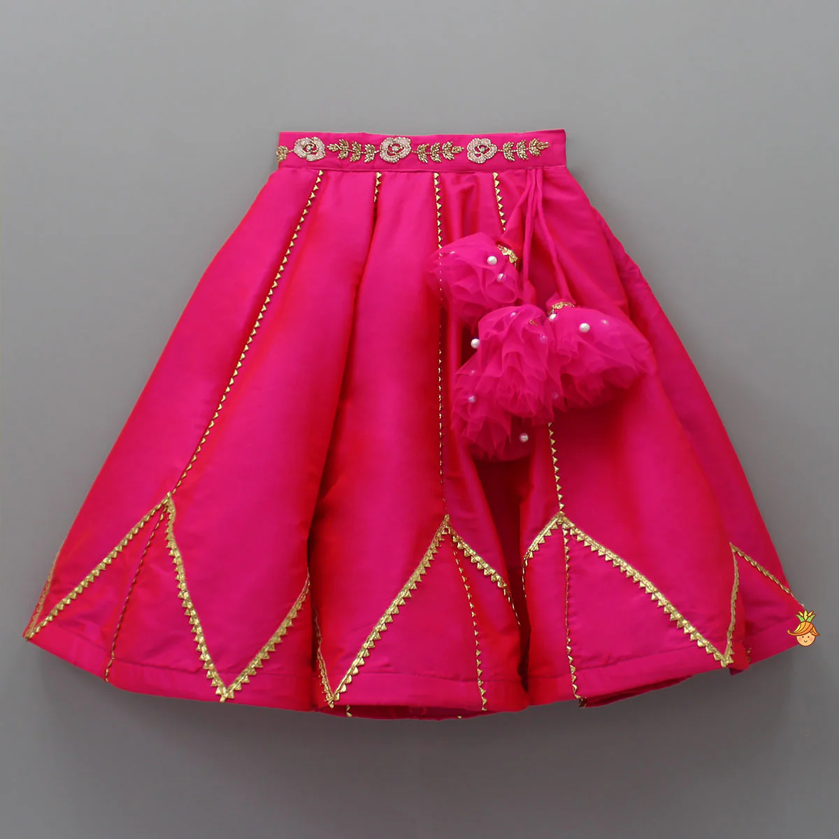 Floral Embroidered Pink Top And Lehenga With Matching Net Dupatta - Image 5