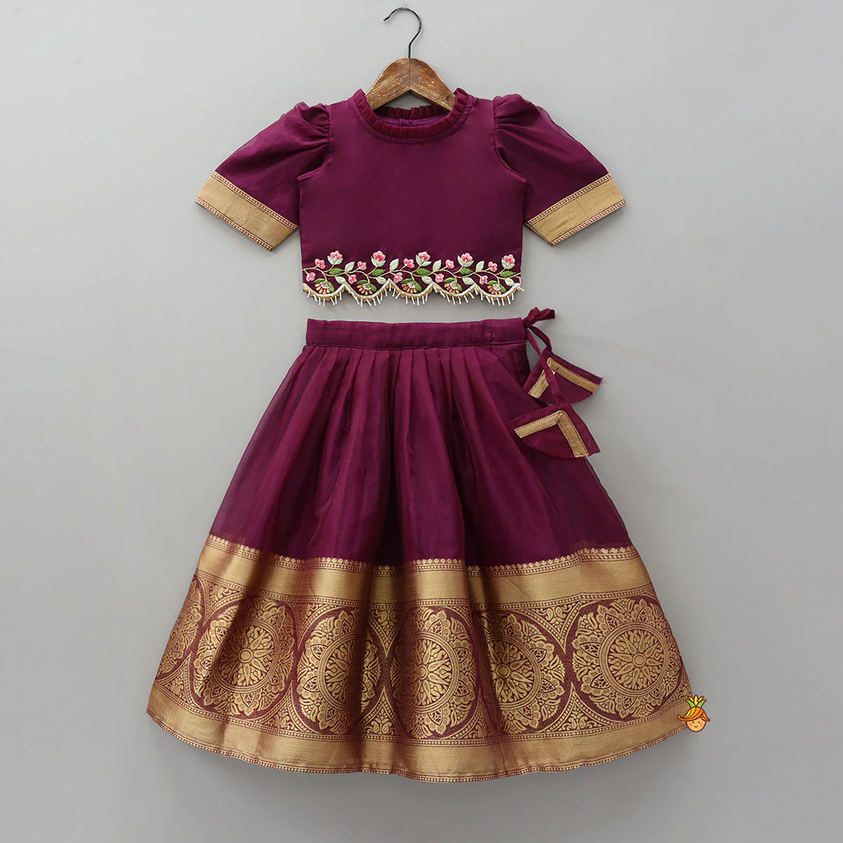 Floral-Embroidered Scalloped Hem Top And Pleated Lehenga