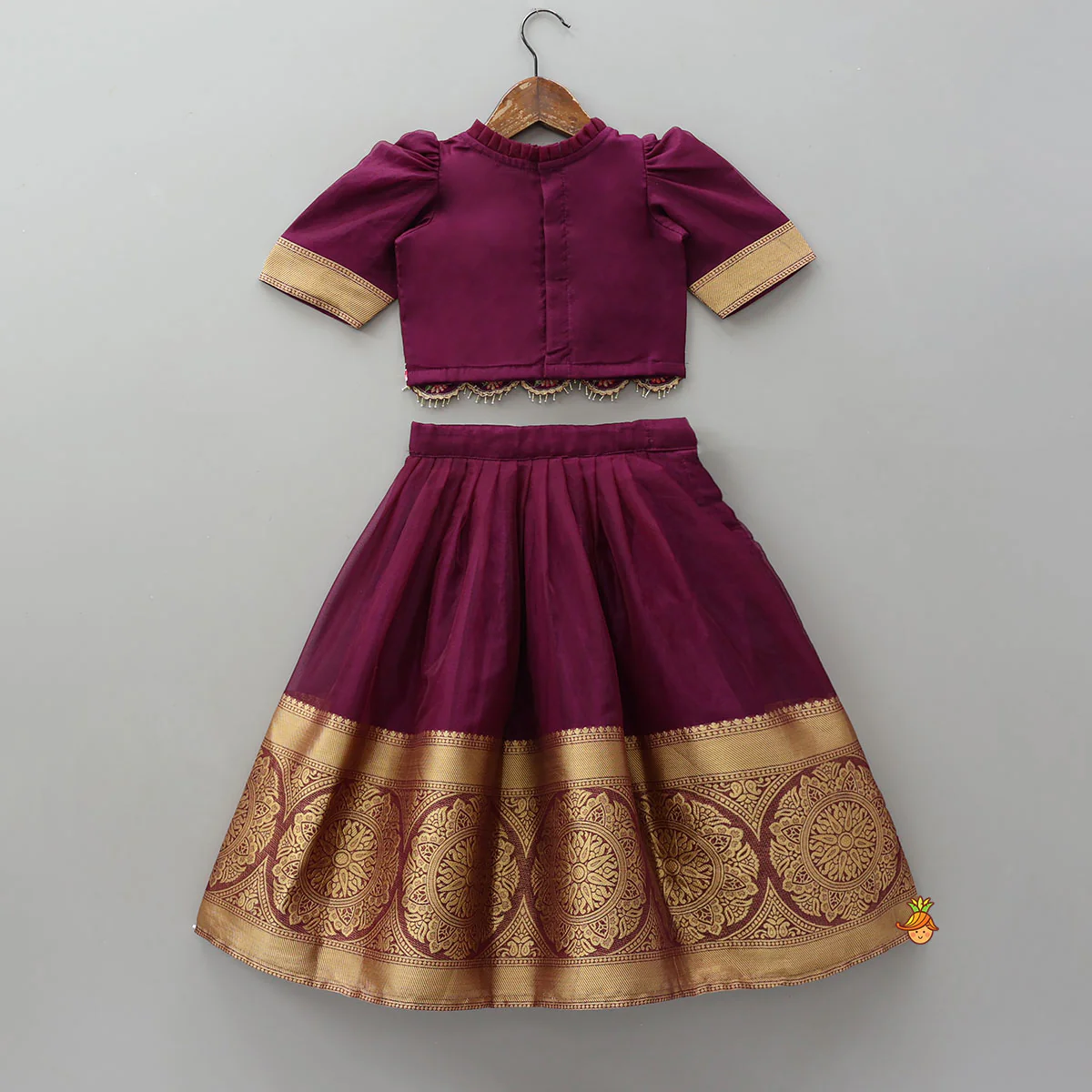 Floral-Embroidered Scalloped Hem Top And Pleated Lehenga - Image 2