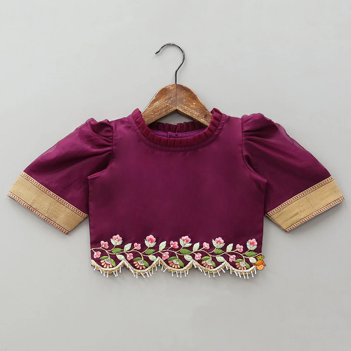 Floral-Embroidered Scalloped Hem Top And Pleated Lehenga - Image 3