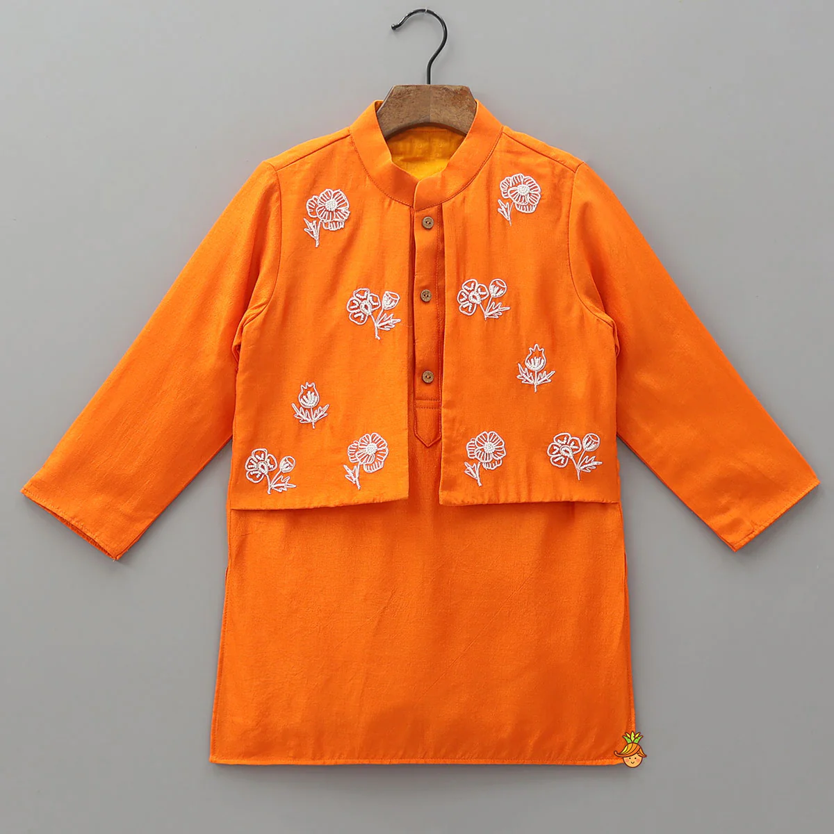 Floral Hand Embroidered Jacket Style Kurta With Pyjama - Image 3
