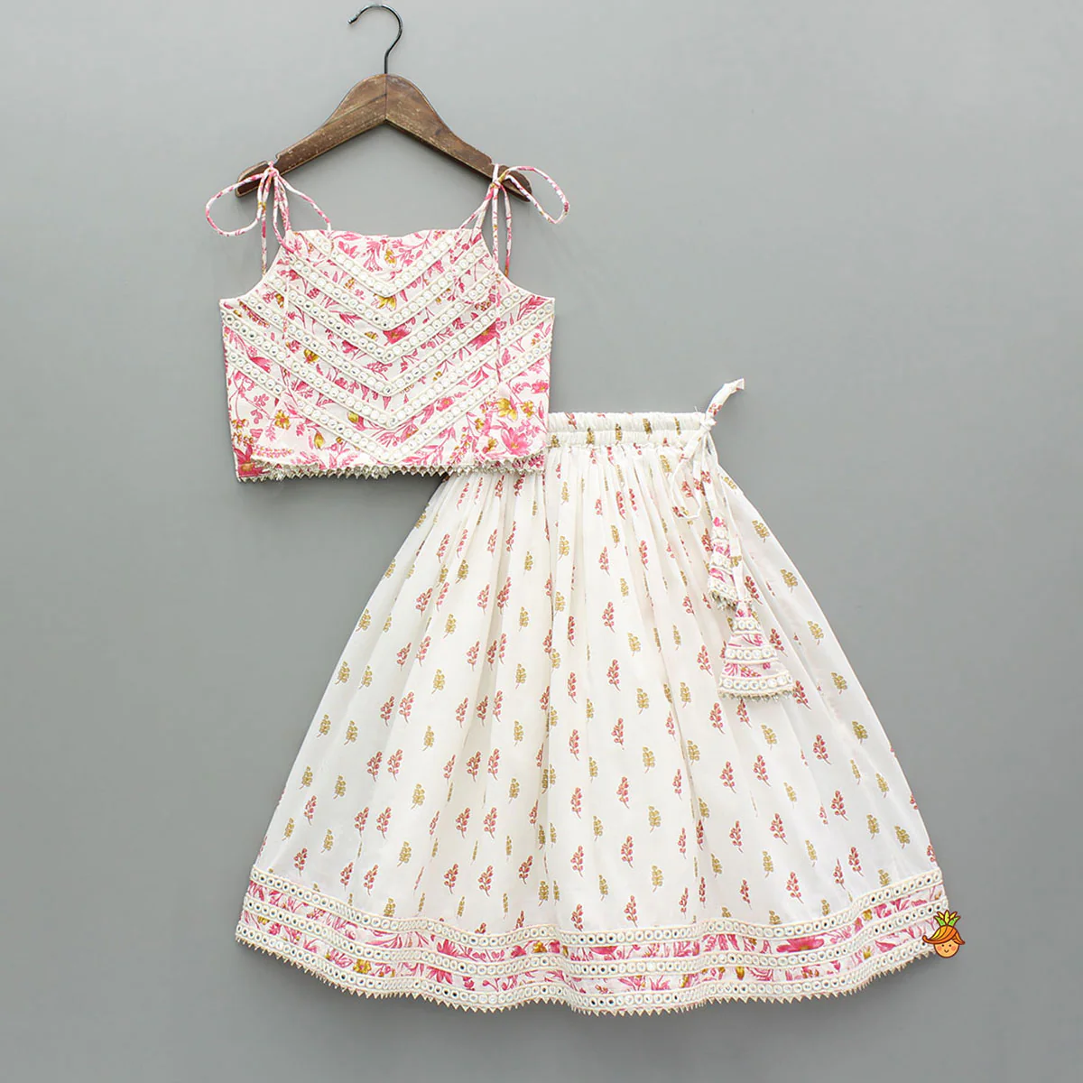 Floral Print Strappy Tie-Up Top With Lehenga